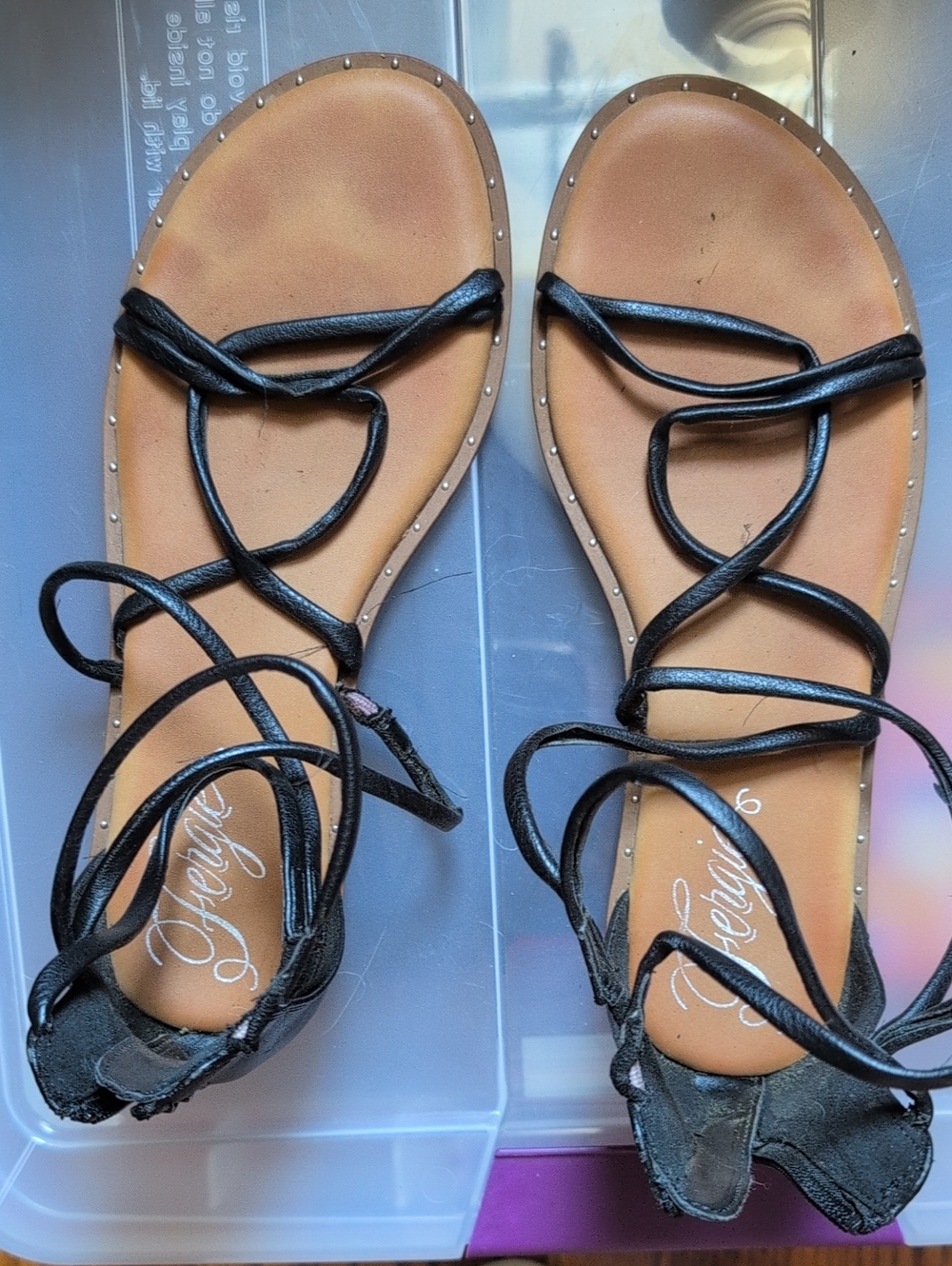 Fergie Black Lace-Up Strappy Flat Sandals